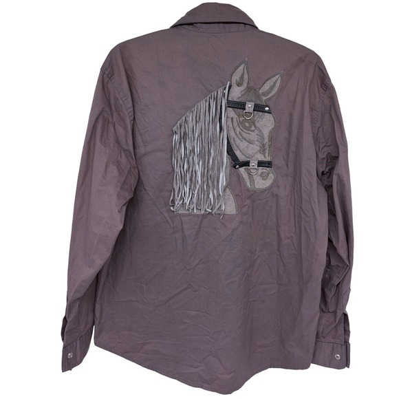 Led Jo Other - Vtg Horse Embroidered Pearl Snap Western Shirt Medium Mens Brown Fringe Led Jo